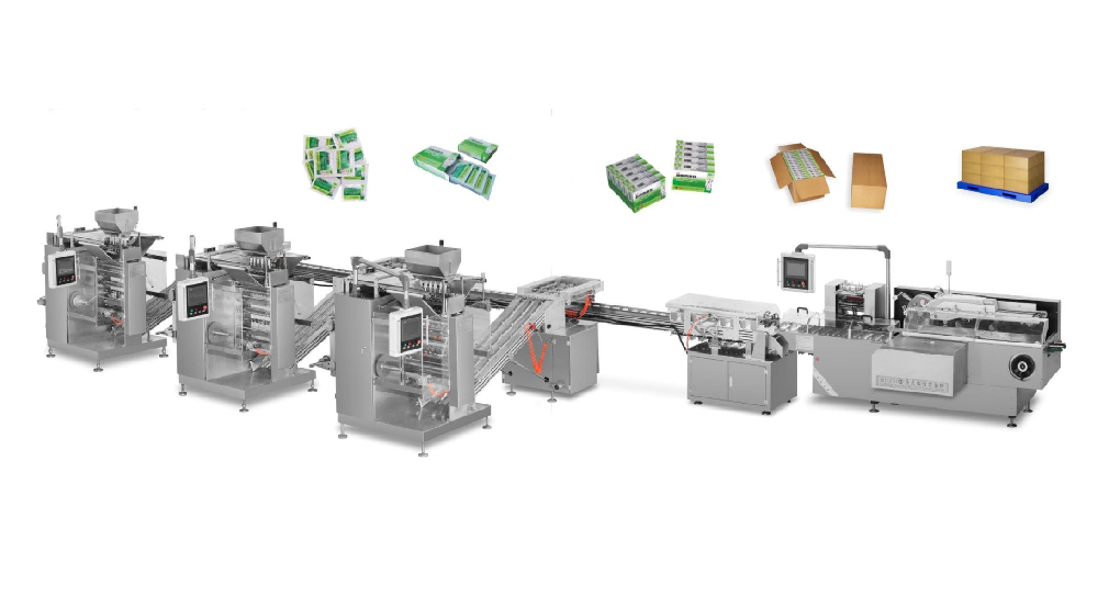 Production line of Sachet packing machine and Cartoning machine